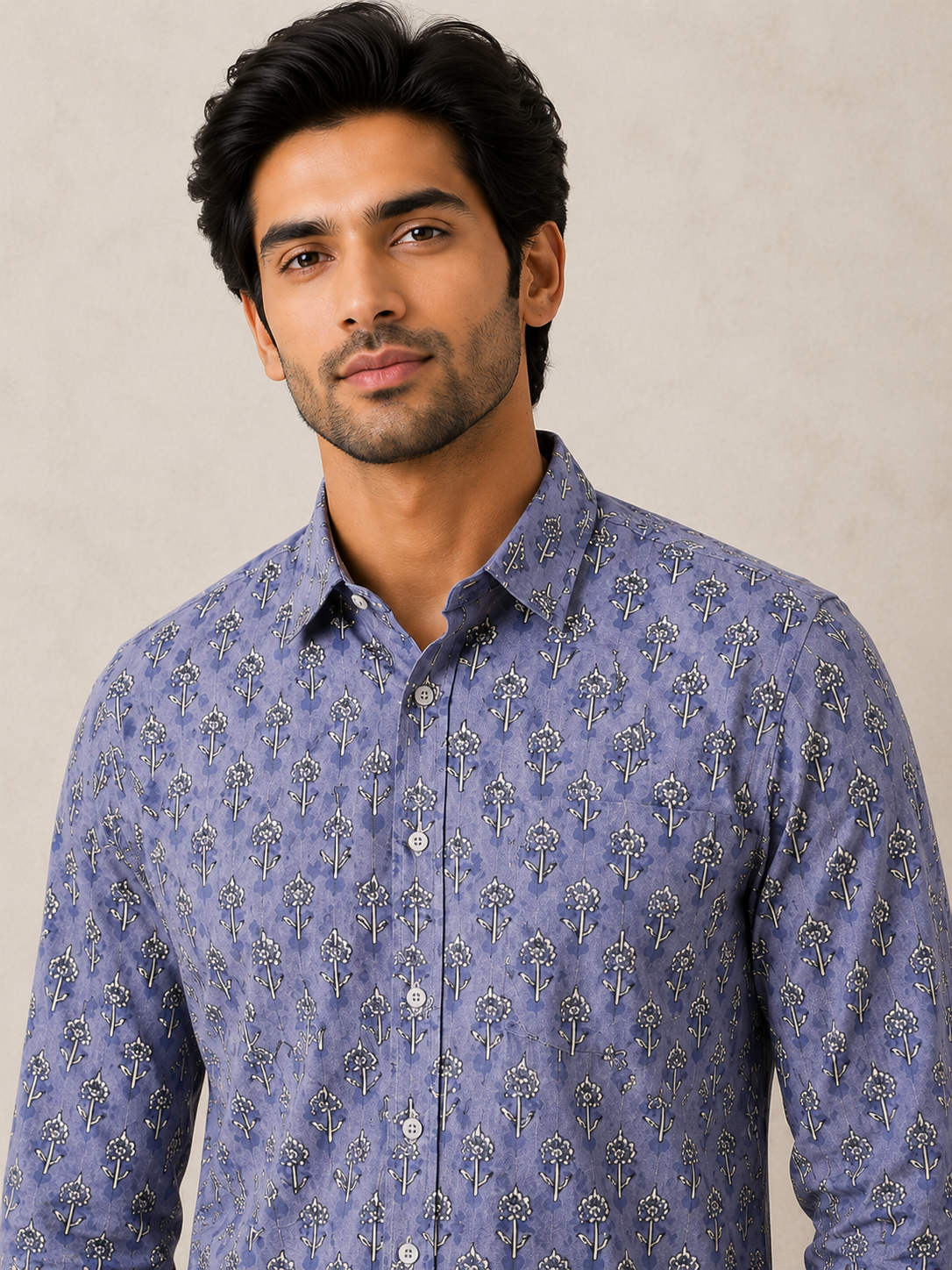 Men's Lavender Floral Printed Cotton Shirt