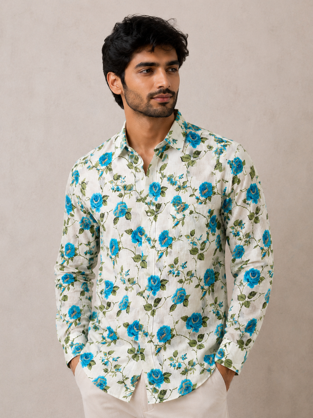 Men's White & Blue Rose Printed Cotton Shirt