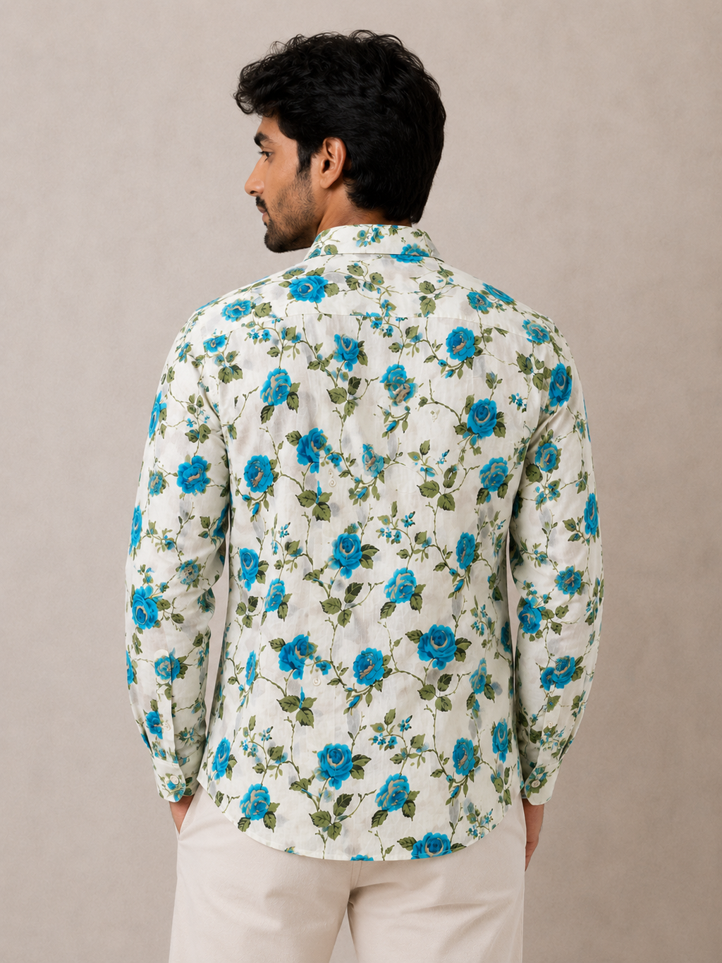 Men's White & Blue Rose Printed Cotton Shirt