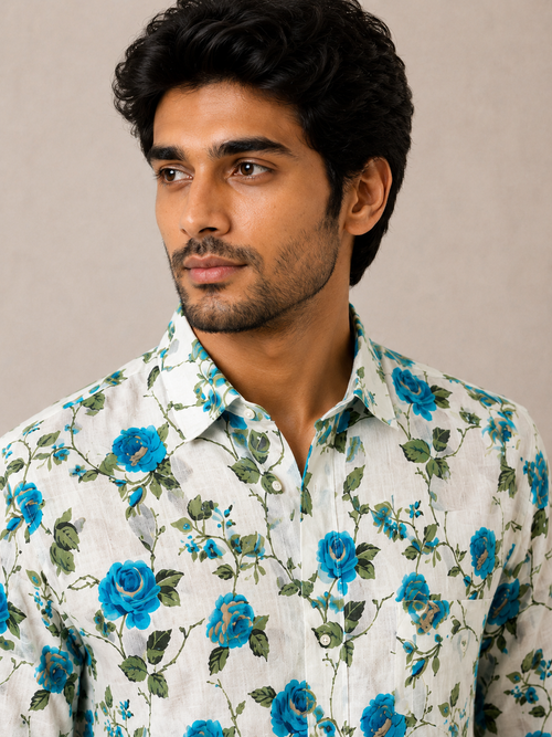 Men's White & Blue Rose Printed Cotton Shirt