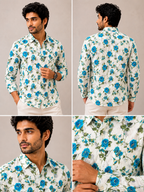 Men's White & Blue Rose Printed Cotton Shirt