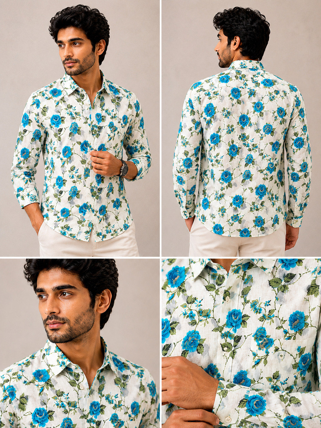 Men's White & Blue Rose Printed Cotton Shirt