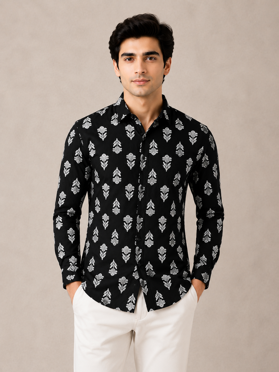 Men’s Black Floral Printed Cotton Shirt