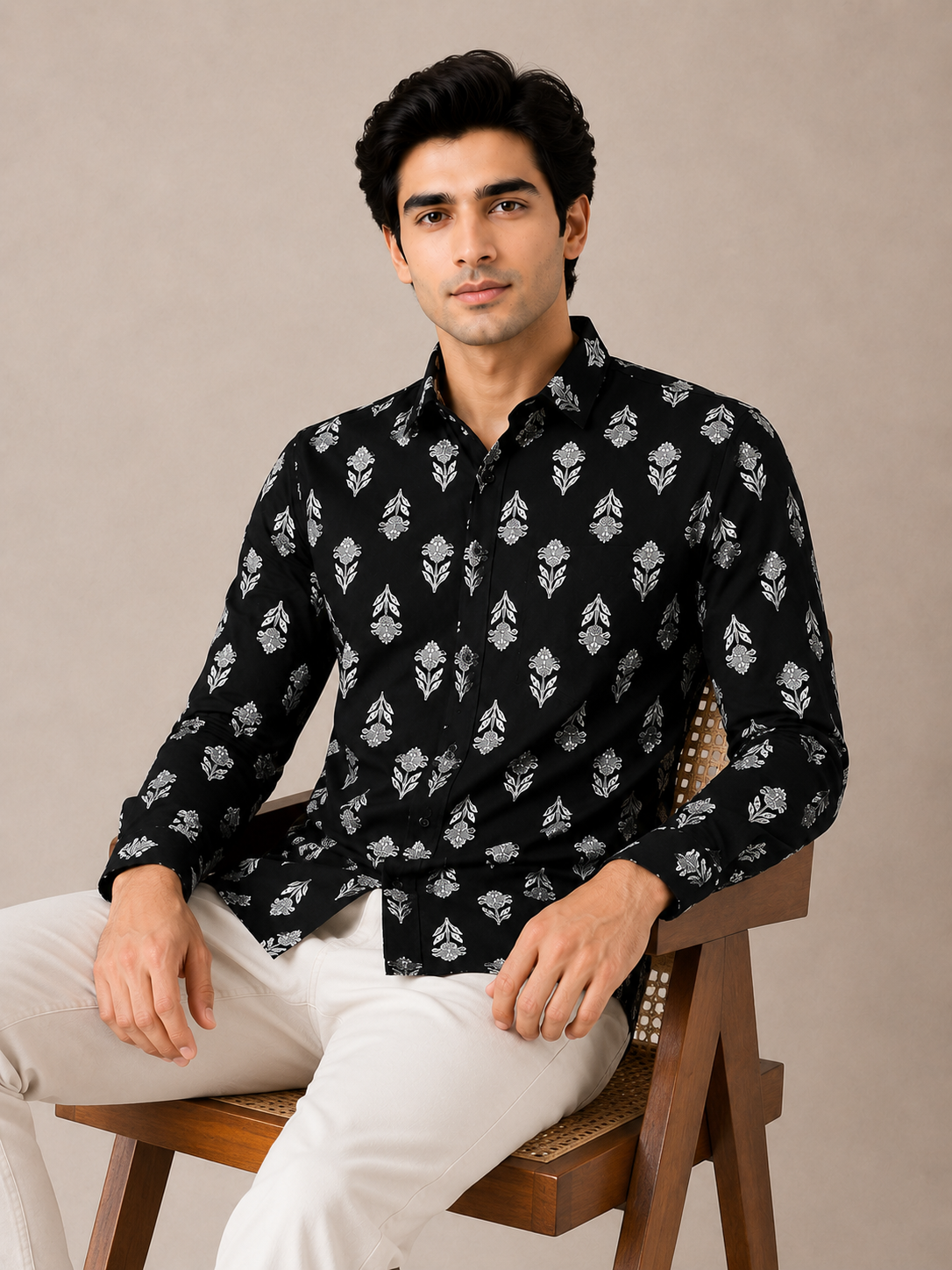 Men’s Black Floral Printed Cotton Shirt