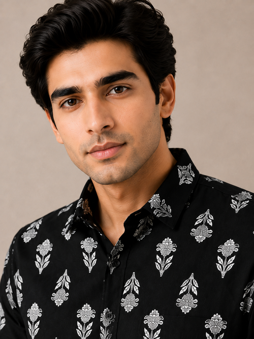 Men’s Black Floral Printed Cotton Shirt