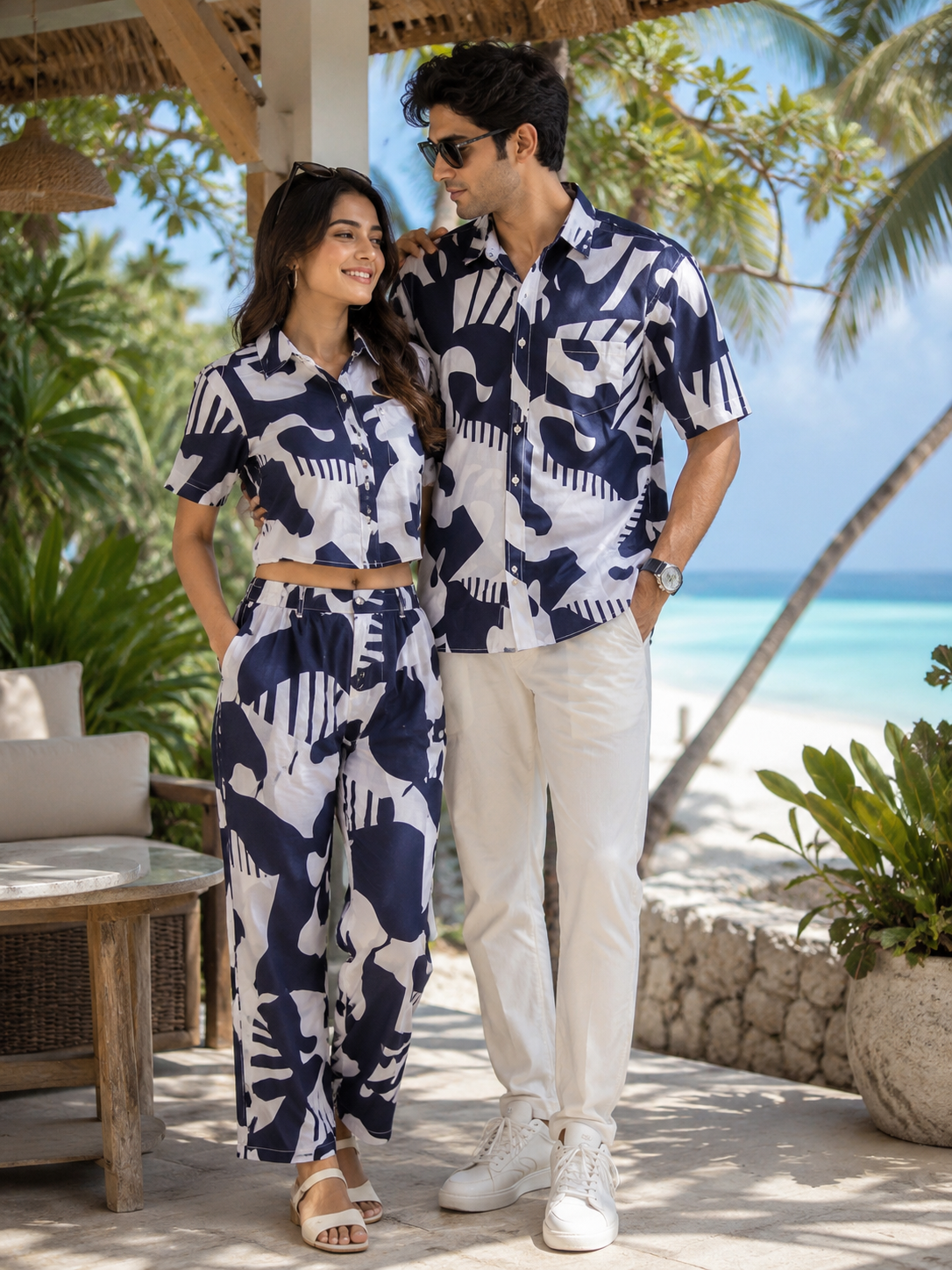 Matching Navy Abstract Cotton Couple Co-ord Set