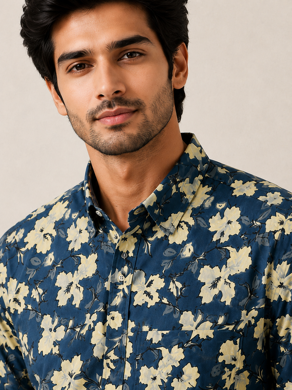 Men's Navy Blue Floral Printed Cotton Shirt