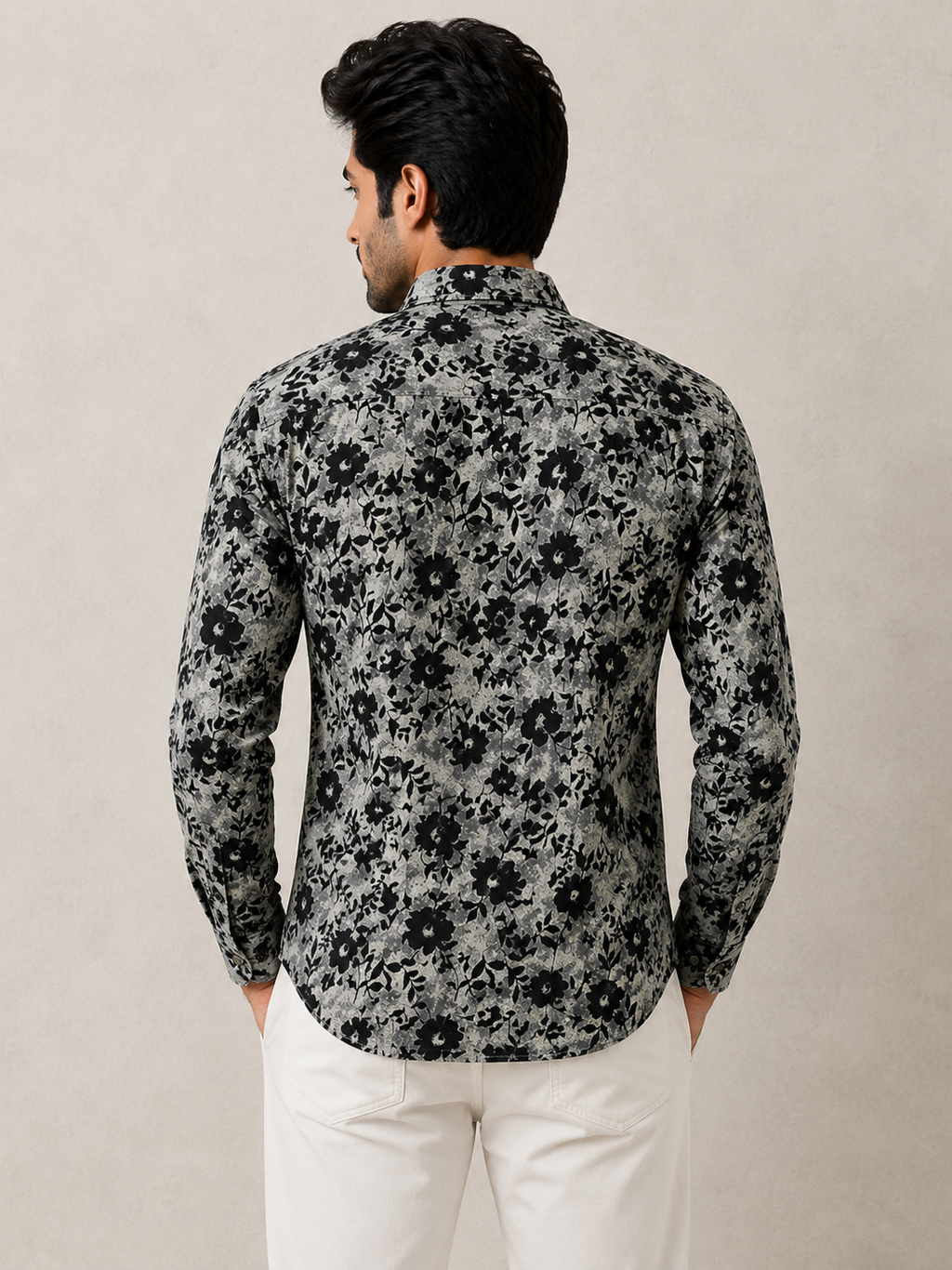 Men’s Grey Black Floral Printed Cotton Shirt