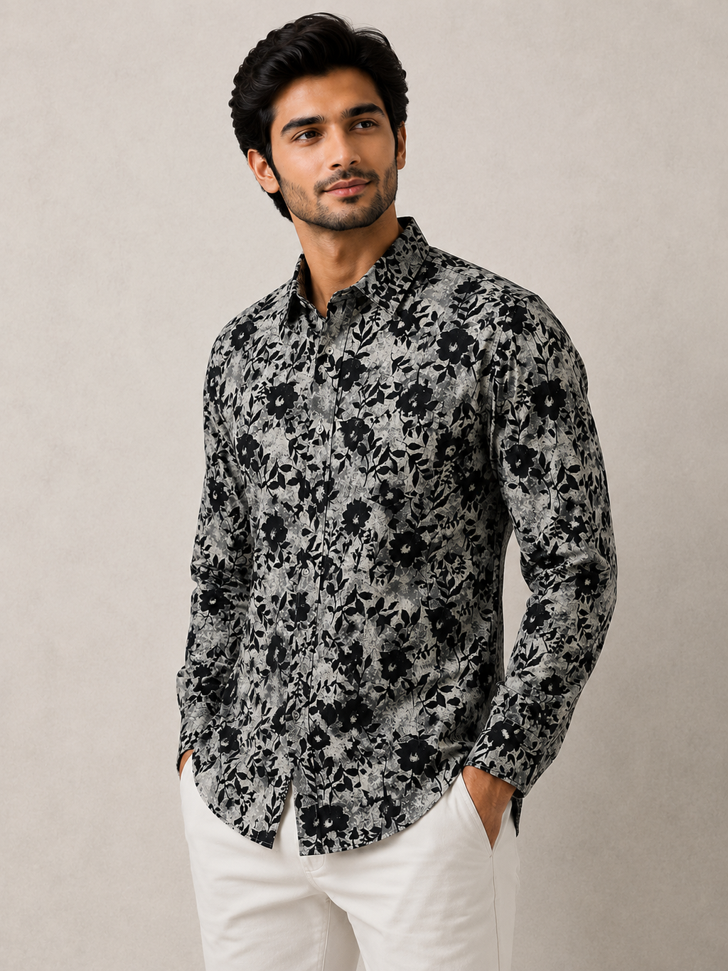 Men’s Grey Black Floral Printed Cotton Shirt