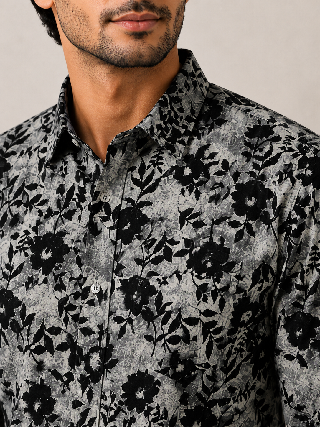 Men’s Grey Black Floral Printed Cotton Shirt