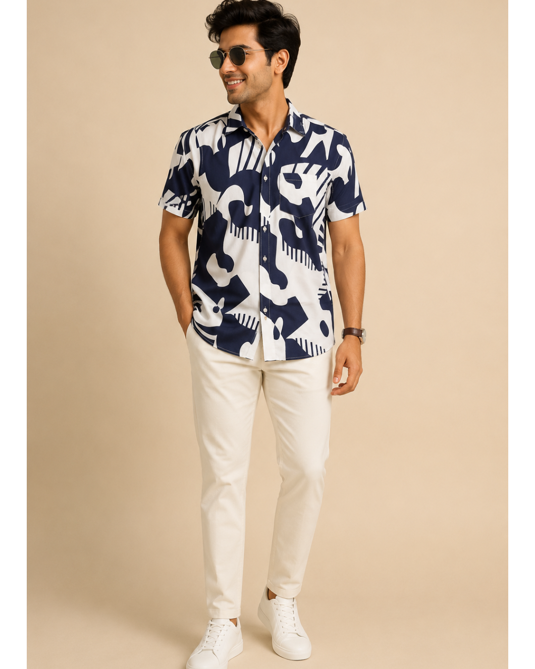 Men’s Pure Cotton Navy Blue & White Printed Half Sleeve Shirt