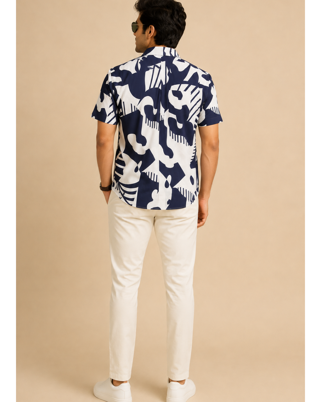 Men’s Pure Cotton Navy Blue & White Printed Half Sleeve Shirt