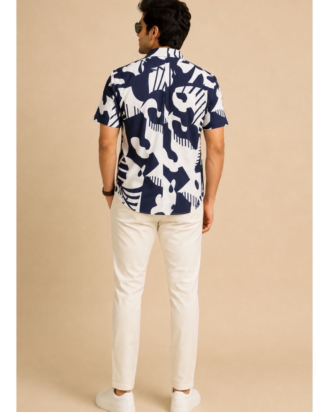 Men’s Pure Cotton Navy Blue & White Printed Half Sleeve Shirt