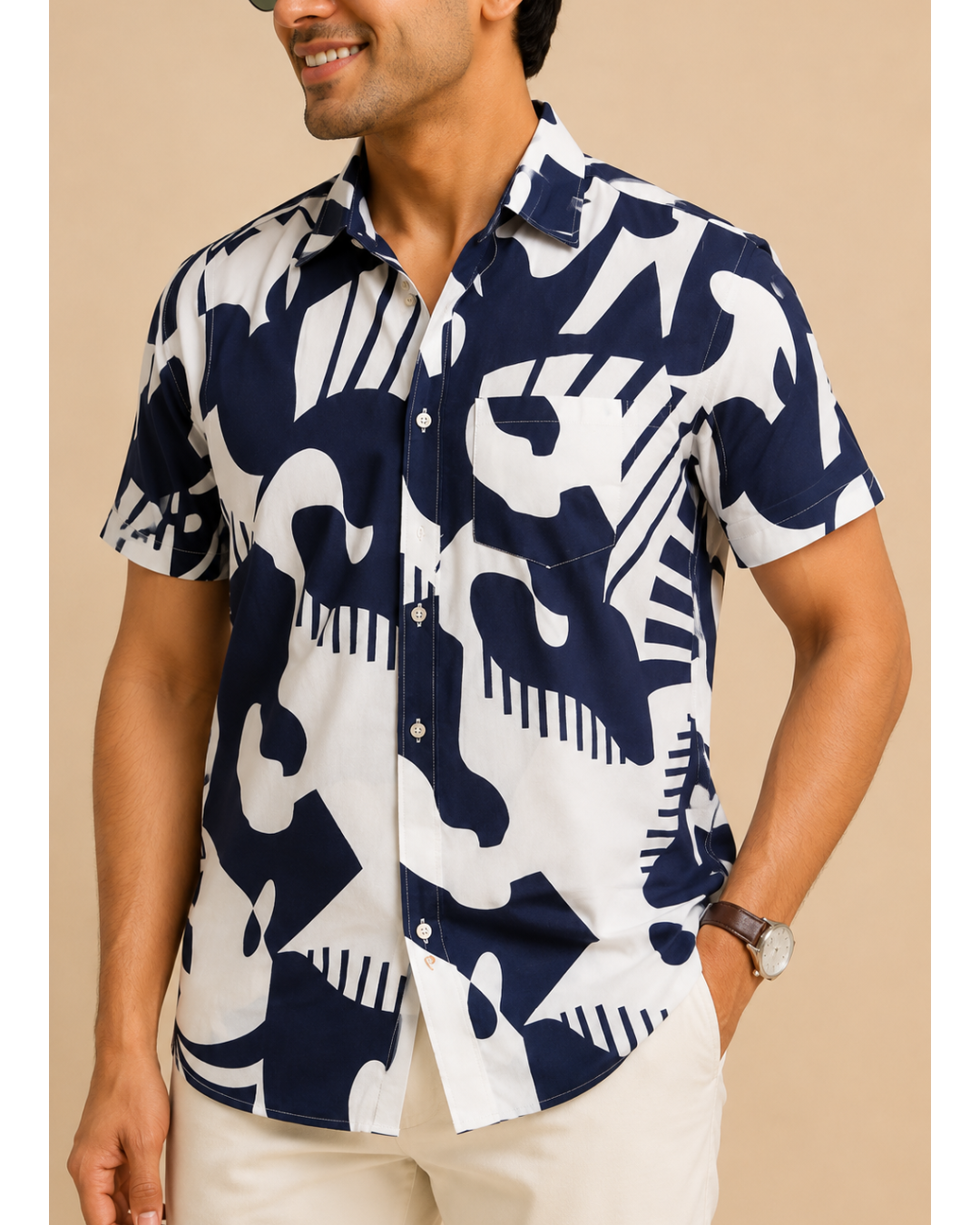Men’s Pure Cotton Navy Blue & White Printed Half Sleeve Shirt