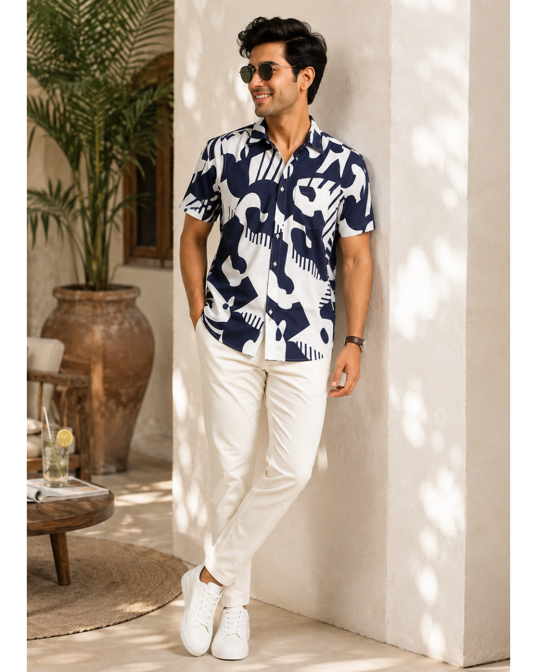 Men’s Pure Cotton Navy Blue & White Printed Half Sleeve Shirt
