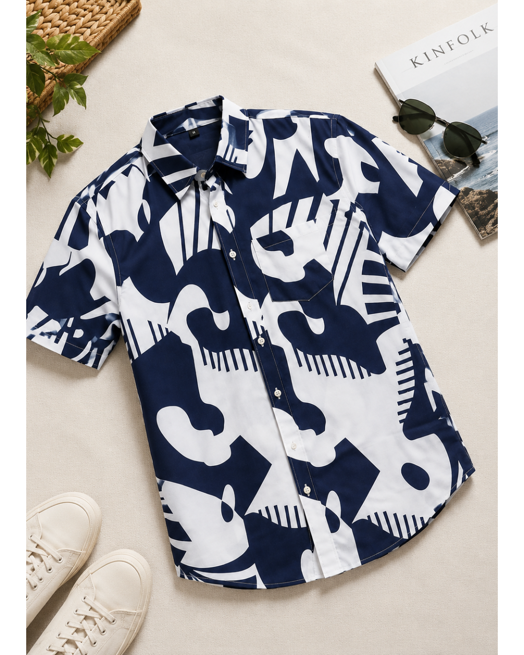 Men’s Pure Cotton Navy Blue & White Printed Half Sleeve Shirt