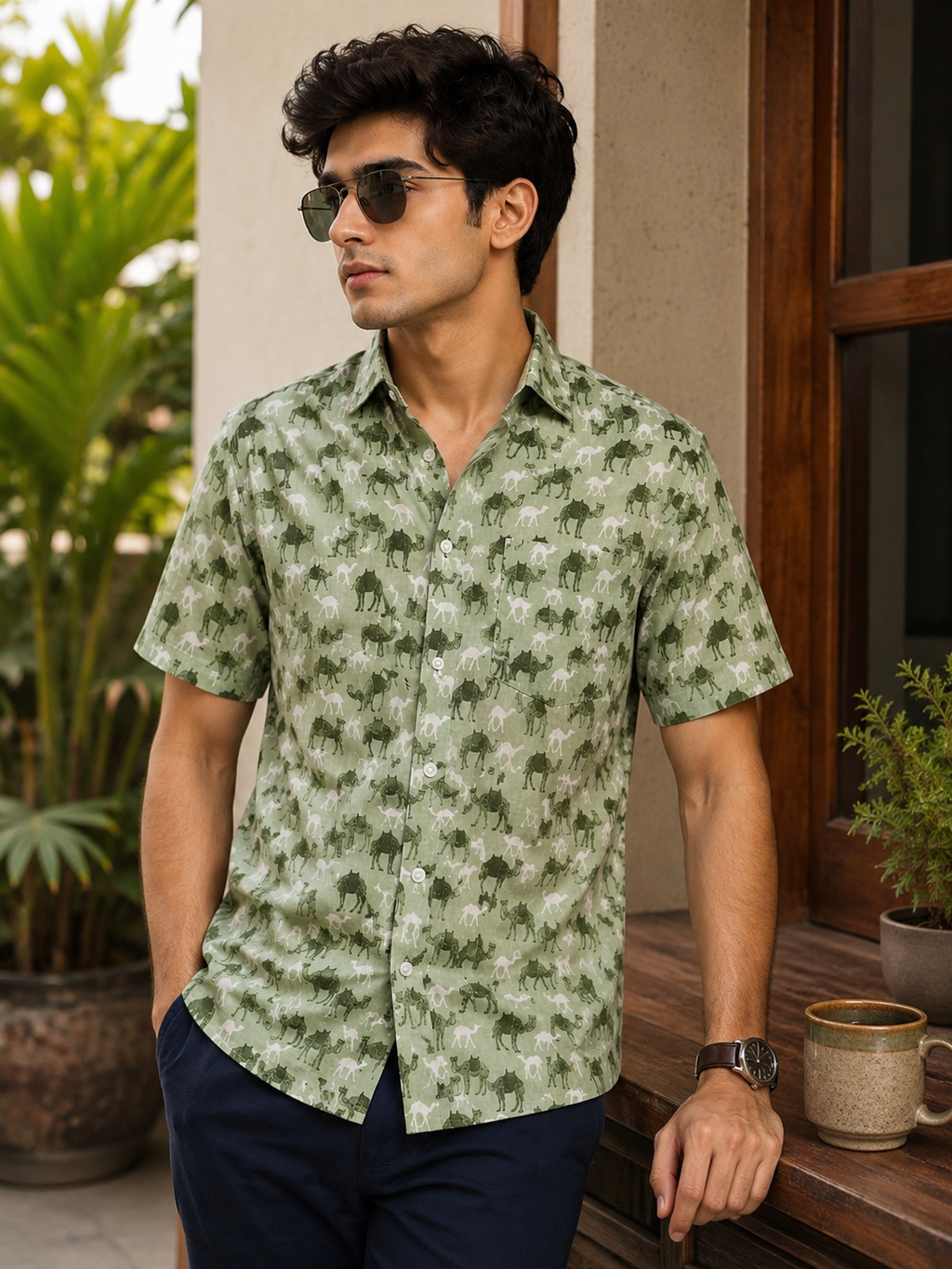Premium Sage Green Camel Block Print Cotton Fabric Shirt