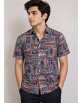 Men's blue and red paisley printed cotton half sleeve shirt worn by a model