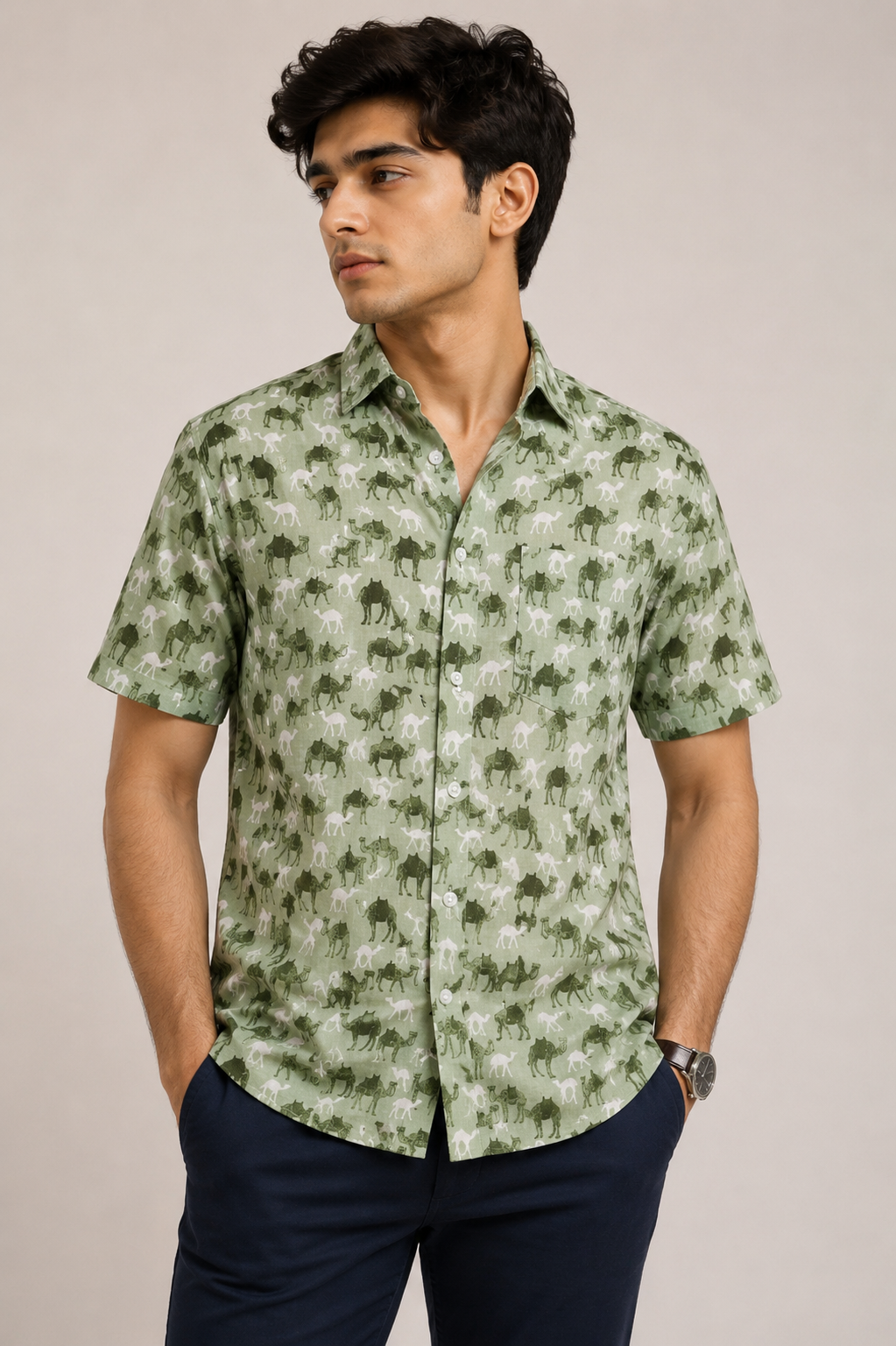 Premium Sage Green Camel Block Print Cotton Fabric Shirt