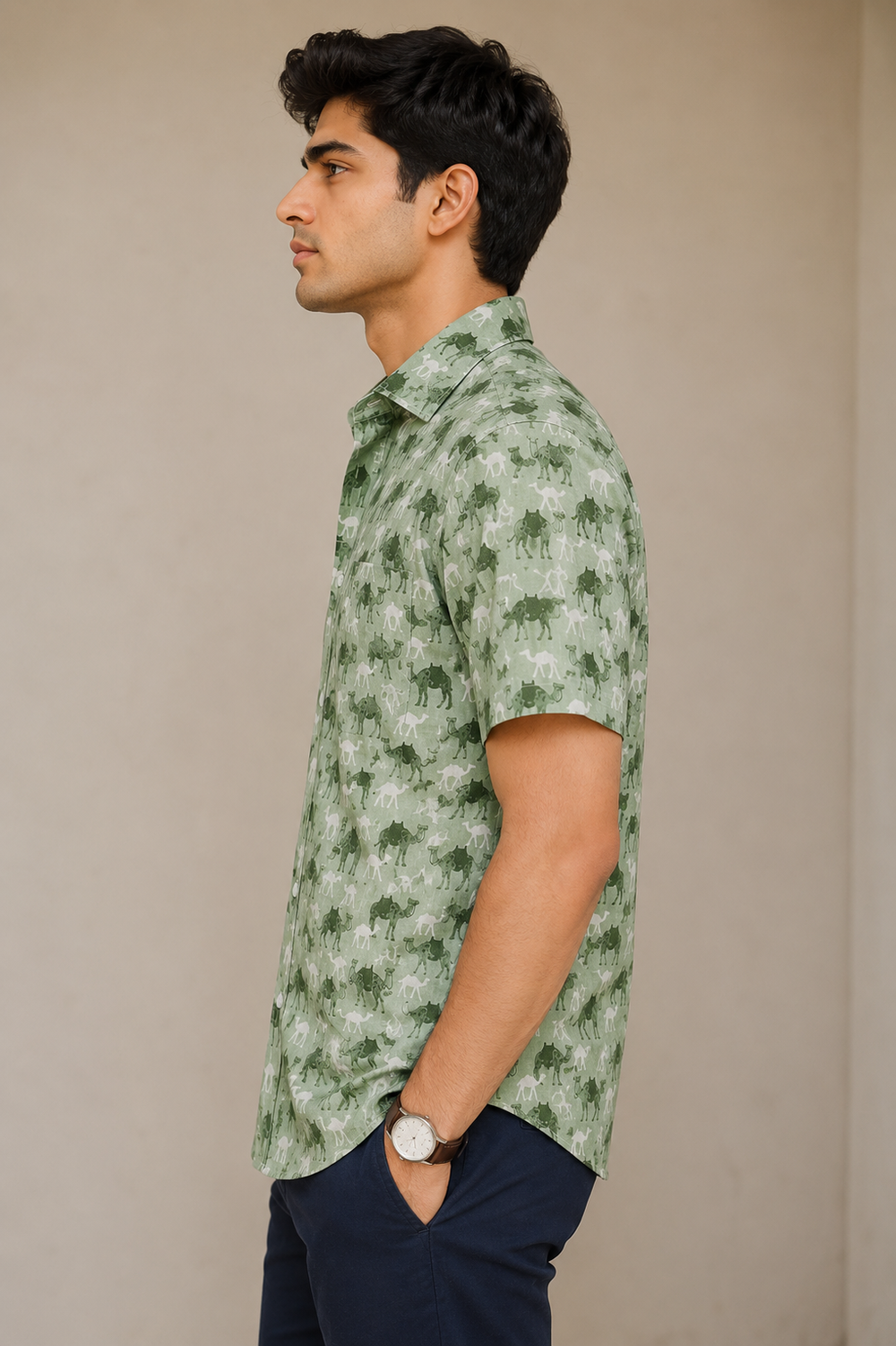 Premium Sage Green Camel Block Print Cotton Fabric Shirt