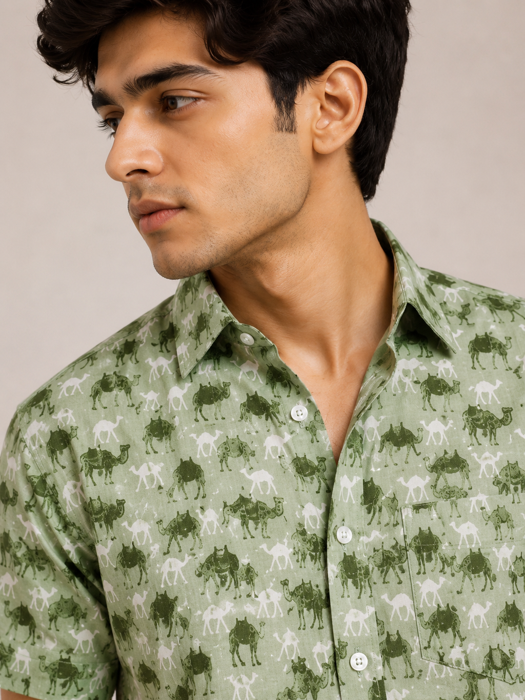 Premium Sage Green Camel Block Print Cotton Fabric Shirt