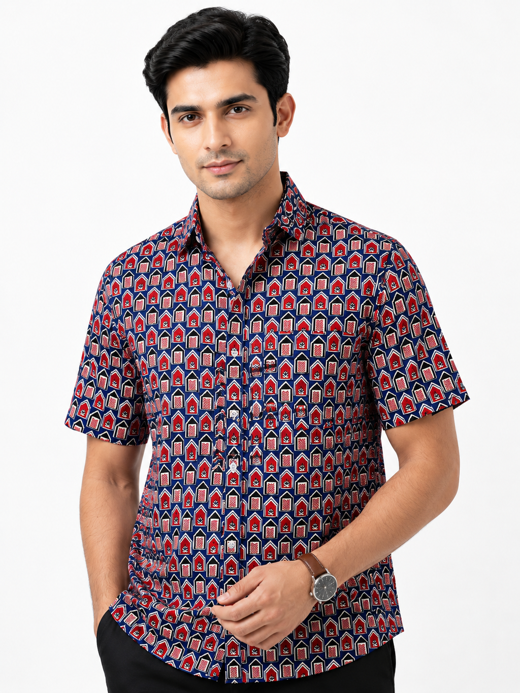Navy Blue Arch & Lotus Print Cotton Shirt