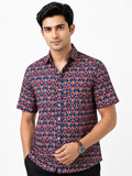 Navy Blue Arch & Lotus Print Cotton Shirt