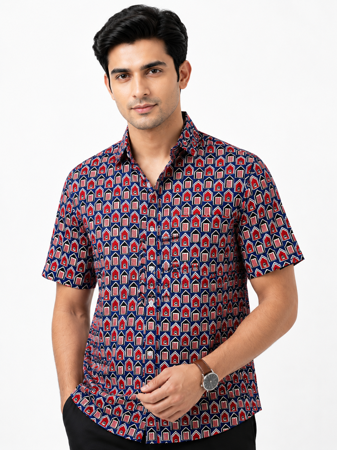 Navy Blue Arch & Lotus Print Cotton Shirt