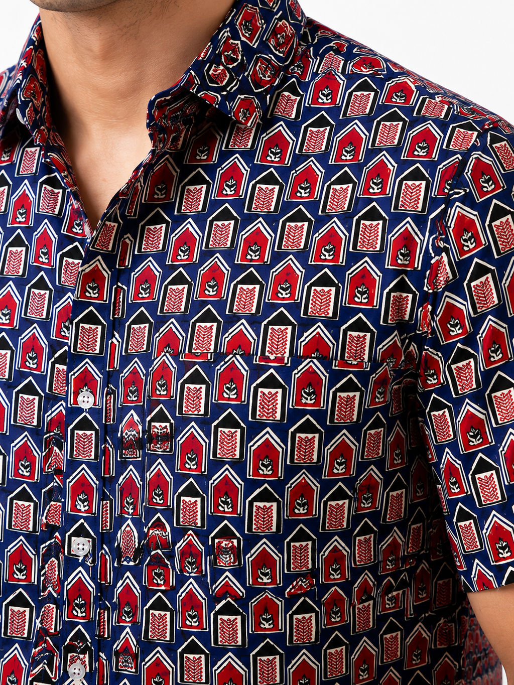 Navy Blue Arch & Lotus Print Cotton Shirt