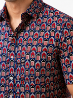 Navy Blue Arch & Lotus Print Cotton Shirt