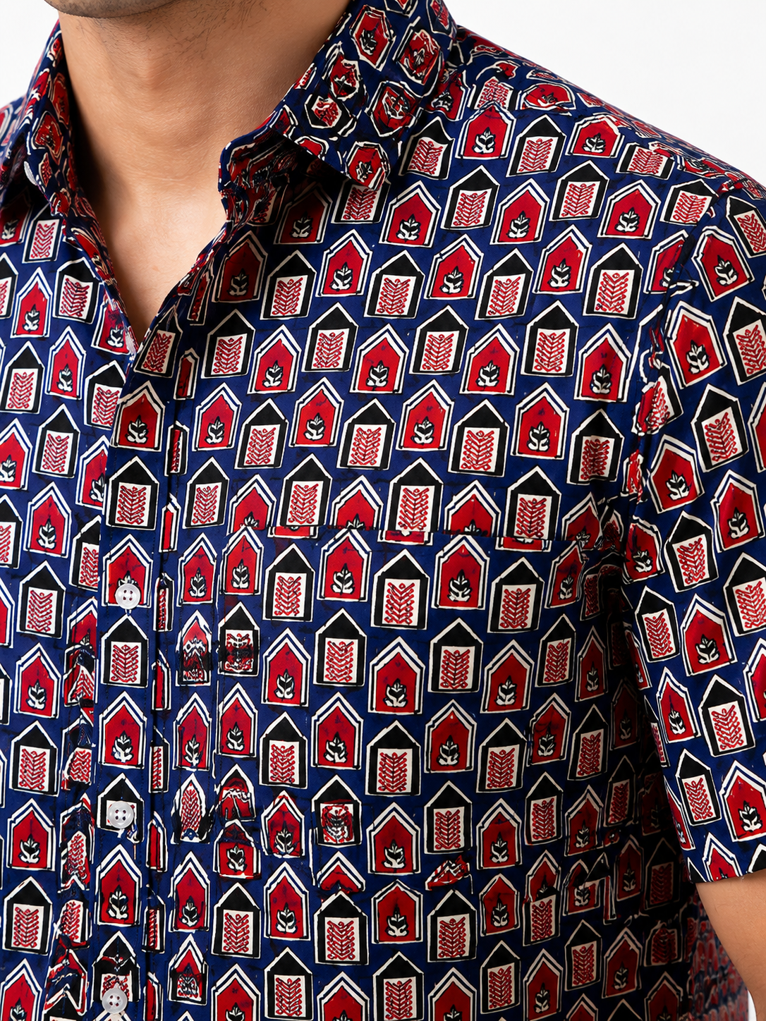 Navy Blue Arch & Lotus Print Cotton Shirt
