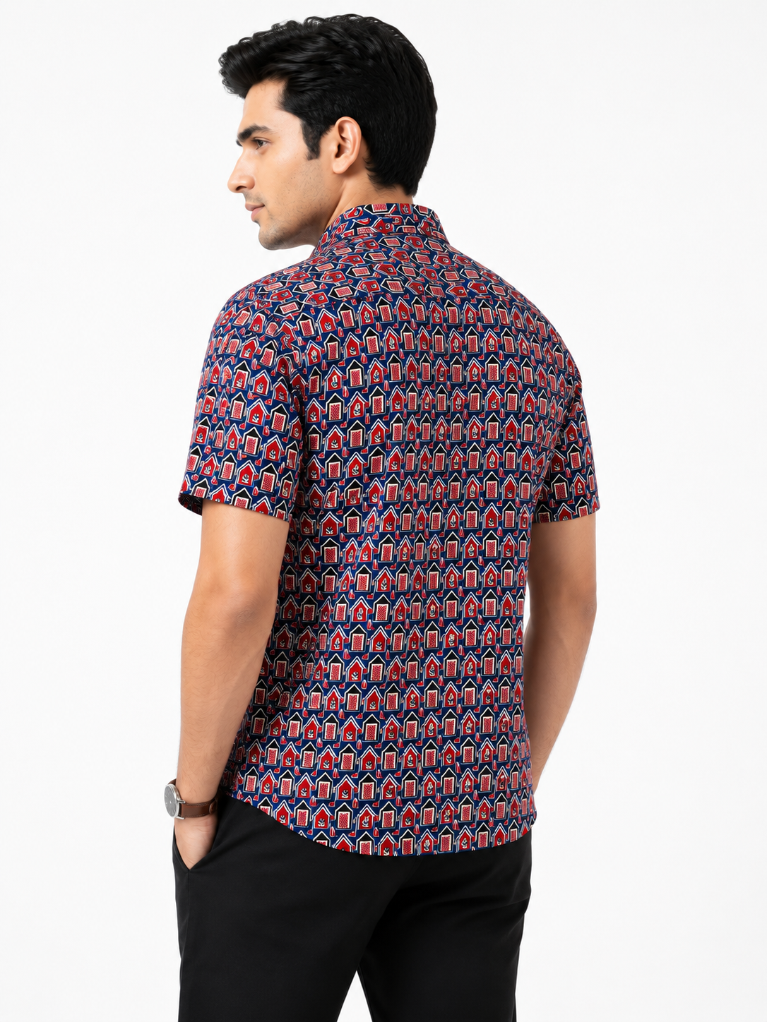Navy Blue Arch & Lotus Print Cotton Shirt