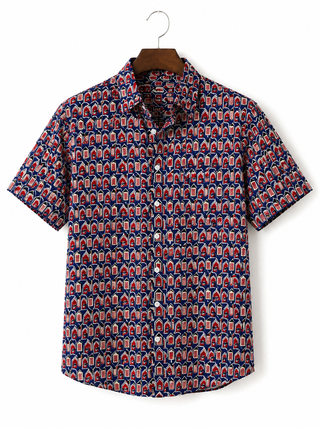Navy Blue Arch & Lotus Print Cotton Shirt