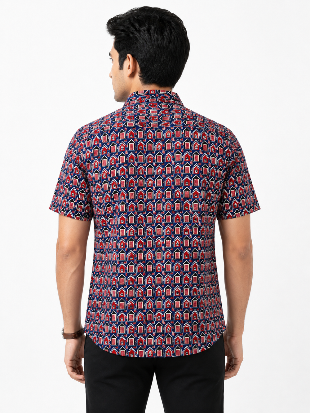 Navy Blue Arch & Lotus Print Cotton Shirt