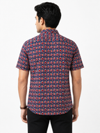 Navy Blue Arch & Lotus Print Cotton Shirt