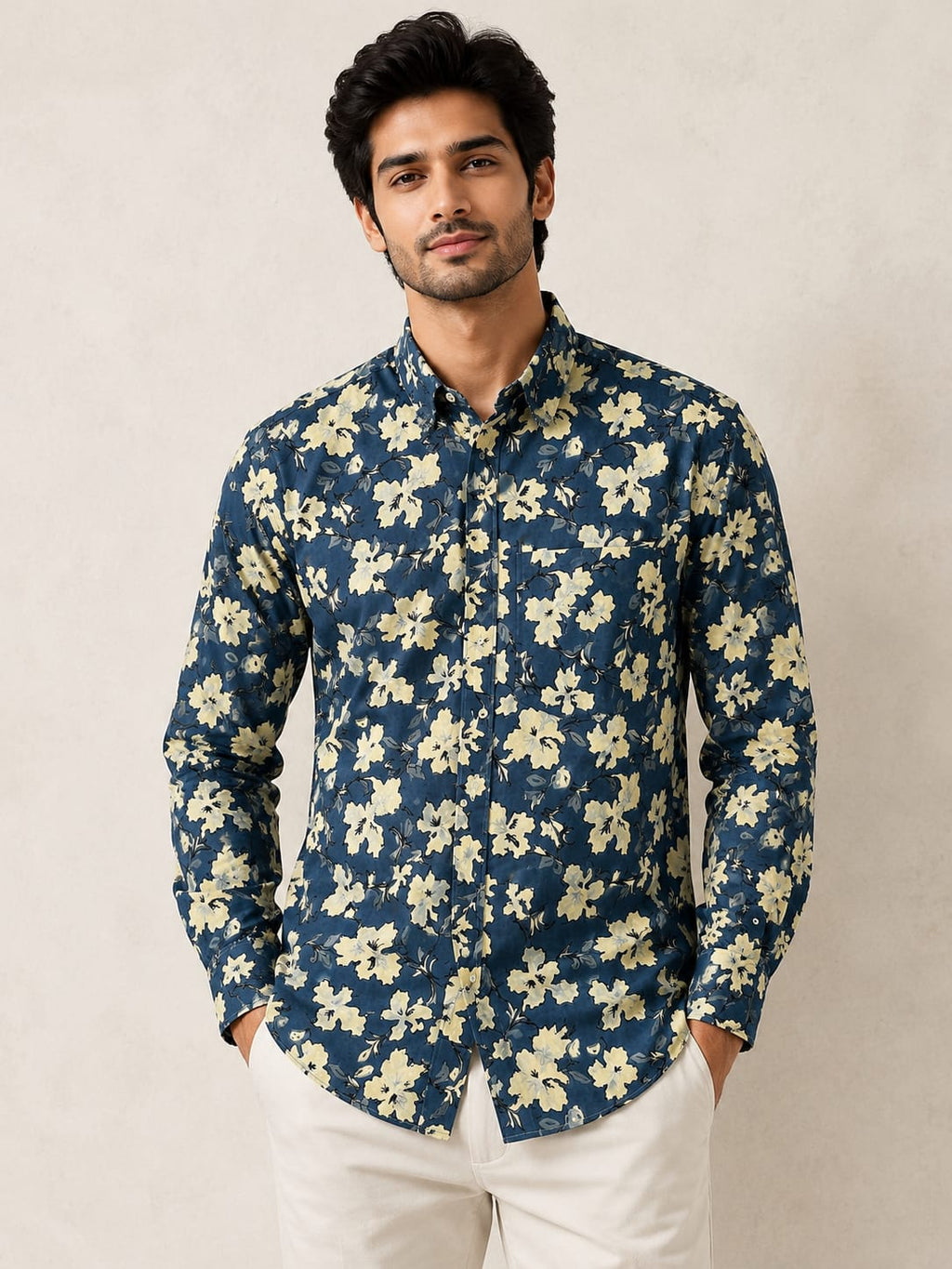 Men's Navy Blue Floral Printed Cotton Shirt