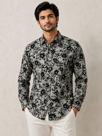 Men’s Grey Black Floral Printed Cotton Shirt